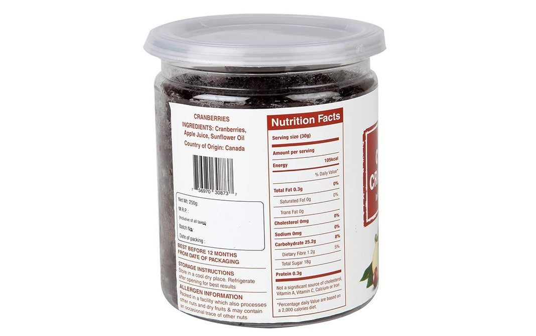 Umanac Canadian Cranberries, Infused in Apple Juice   Jar  250 grams